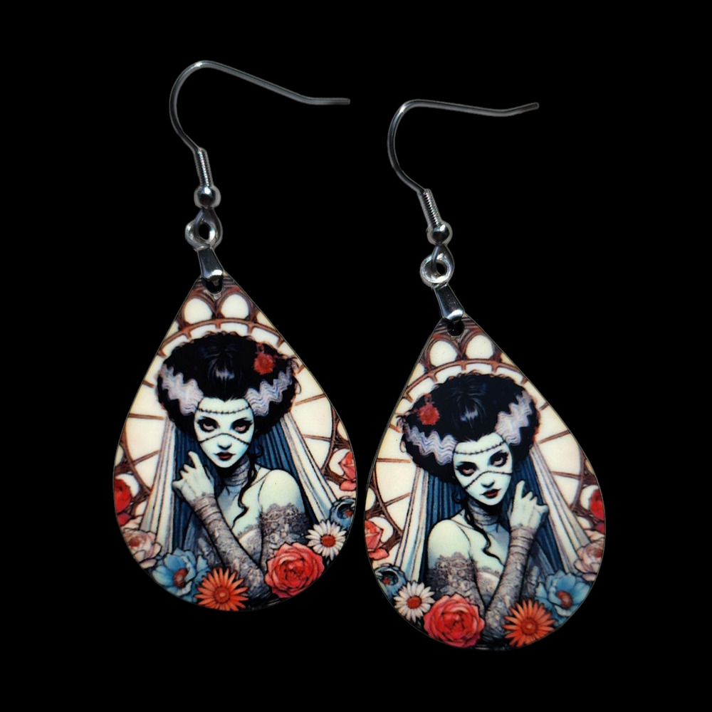 Bride of Frankenstein Classic Horror Monster Floral Earrings